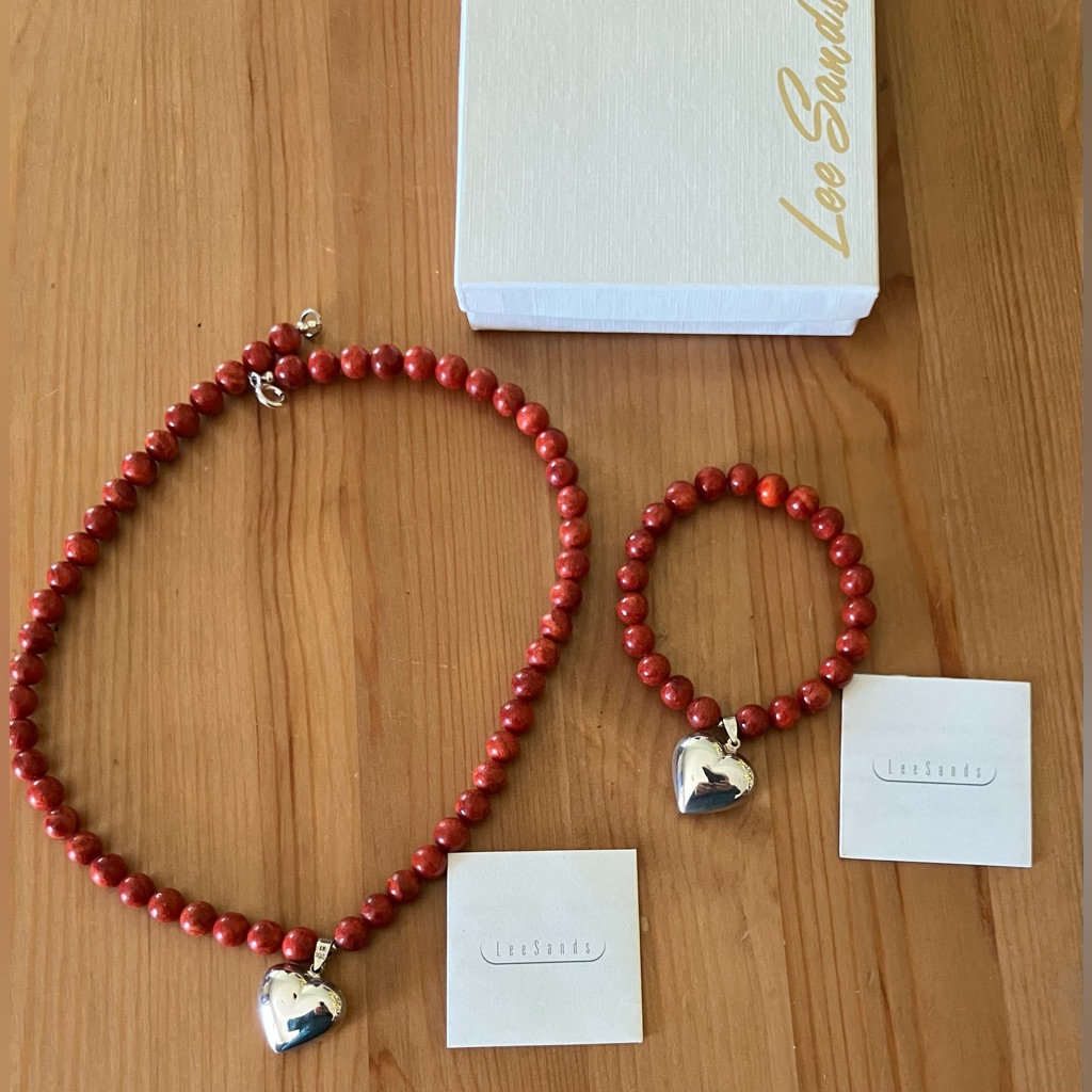New Lee Sands Vintage Sterling Silver Heart Red Beaded Necklace And Bracelet Set